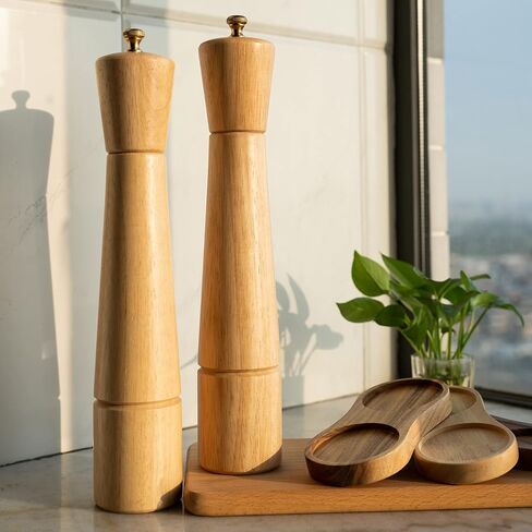 Salt and Pepper Mill Set with Tray, Adjustable Ceramic Grinder Salt Mill, Stainless Steel Grinder Pepper Mill, Rubber Wood, 32 cm / 12 inch Height, Bottom Dia 6 cm (Tray is Included） in Saudi Arabia