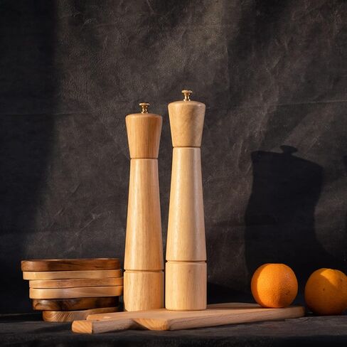 Salt and Pepper Mill Set with Tray, Adjustable Ceramic Grinder Salt Mill, Stainless Steel Grinder Pepper Mill, Rubber Wood, 32 cm / 12 inch Height, Bottom Dia 6 cm (Tray is Included） in Saudi Arabia
