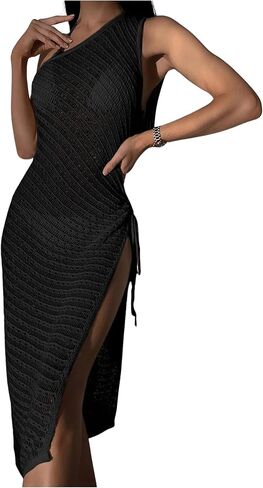 GORGLITTER Women's One Shoulder Crochet Cover Up Dress Sleeveless Drawstring Side Split Thigh Beach Coverup Dresses in Saudi Arabia