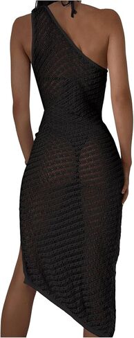 GORGLITTER Women's One Shoulder Crochet Cover Up Dress Sleeveless Drawstring Side Split Thigh Beach Coverup Dresses in Saudi Arabia