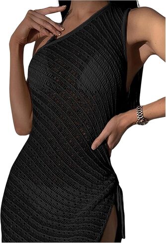 GORGLITTER Women's One Shoulder Crochet Cover Up Dress Sleeveless Drawstring Side Split Thigh Beach Coverup Dresses in Saudi Arabia
