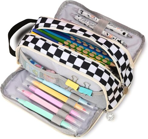 KITENROM حقيبة أقلام رصاص كبيرة حافظة أقلام حامل أقلام رصاص حقيبة أدوات مكتبية حقائب أقلام ذات سعة كبيرة منظم أقلام تلوين للسفر مستحضرات التجميل تخزين أسود أبيض مربعات منقوشة in Kuwait