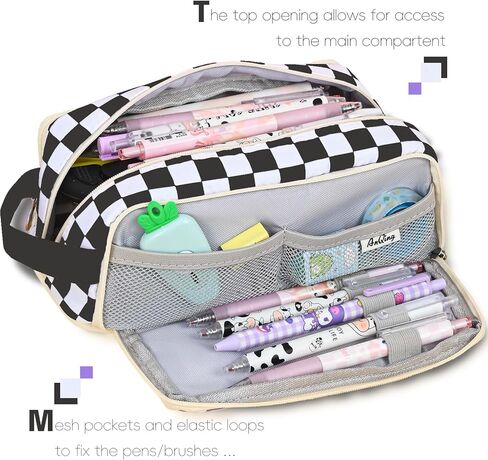 KITENROM حقيبة أقلام رصاص كبيرة حافظة أقلام حامل أقلام رصاص حقيبة أدوات مكتبية حقائب أقلام ذات سعة كبيرة منظم أقلام تلوين للسفر مستحضرات التجميل تخزين أسود أبيض مربعات منقوشة in Kuwait