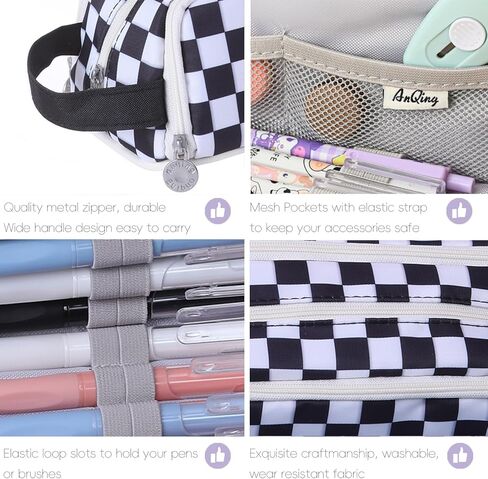 KITENROM حقيبة أقلام رصاص كبيرة حافظة أقلام حامل أقلام رصاص حقيبة أدوات مكتبية حقائب أقلام ذات سعة كبيرة منظم أقلام تلوين للسفر مستحضرات التجميل تخزين أسود أبيض مربعات منقوشة in Kuwait