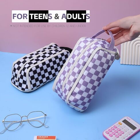 KITENROM حقيبة أقلام رصاص كبيرة حافظة أقلام حامل أقلام رصاص حقيبة أدوات مكتبية حقائب أقلام ذات سعة كبيرة منظم أقلام تلوين للسفر مستحضرات التجميل تخزين أسود أبيض مربعات منقوشة in Kuwait