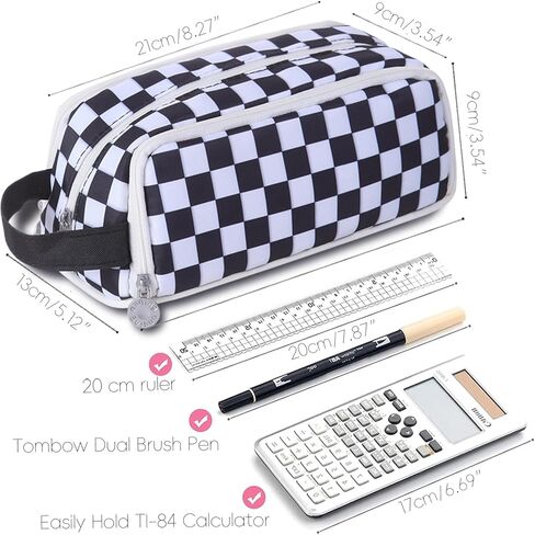 KITENROM حقيبة أقلام رصاص كبيرة حافظة أقلام حامل أقلام رصاص حقيبة أدوات مكتبية حقائب أقلام ذات سعة كبيرة منظم أقلام تلوين للسفر مستحضرات التجميل تخزين أسود أبيض مربعات منقوشة in Kuwait