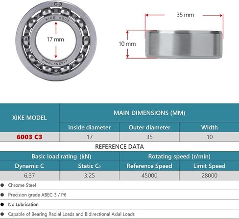 XiKe 6003-C3 Deep Groove Ball Bearing 17x35x10mm, Open,Ball Bearing Pack of 2pcs in Saudi Arabia