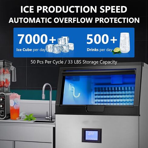 صانع ثلج تجاري، إنتاج يومي 100 رطل، تخزين ثلج 33 رطلًا، صانع ثلج قائم بذاته من الفولاذ المقاوم للصدأ وتحت المنضدة، صانع ثلج مثالي للمنزل/البار/المطعم/الأنشطة الخارجية in Saudi Arabia