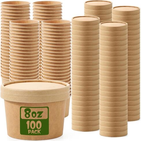 Fulmoon 100 Pack 8 oz Paper Soup Containers with Lids, Disposable Paper Food Containers with Vented Lids, Kraft Ice Cream Containers Bowls Soup Cup Ice Cream Cups for Soups Stews Restaurants, Take out in Saudi Arabia
