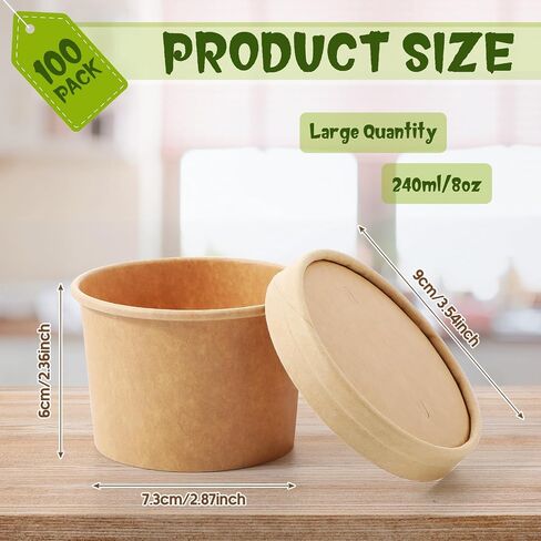 Fulmoon 100 Pack 8 oz Paper Soup Containers with Lids, Disposable Paper Food Containers with Vented Lids, Kraft Ice Cream Containers Bowls Soup Cup Ice Cream Cups for Soups Stews Restaurants, Take out in Saudi Arabia