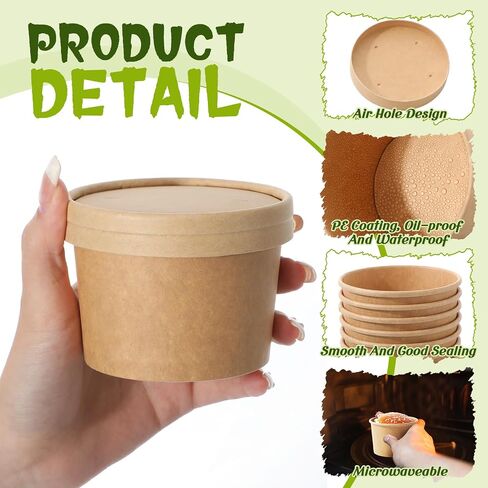 Fulmoon 100 Pack 8 oz Paper Soup Containers with Lids, Disposable Paper Food Containers with Vented Lids, Kraft Ice Cream Containers Bowls Soup Cup Ice Cream Cups for Soups Stews Restaurants, Take out in Saudi Arabia