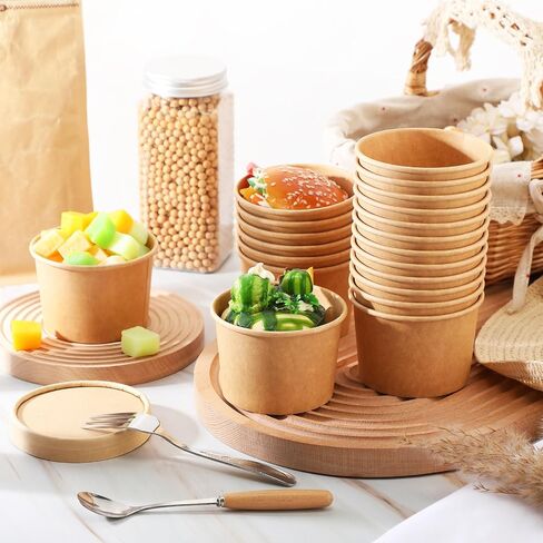 Fulmoon 100 Pack 8 oz Paper Soup Containers with Lids, Disposable Paper Food Containers with Vented Lids, Kraft Ice Cream Containers Bowls Soup Cup Ice Cream Cups for Soups Stews Restaurants, Take out in Saudi Arabia