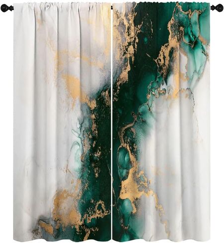 Jade Texture Marble Blackout Curtains for Girls Boy Home Decor Ink Abstract Emerald Green Jade Gold Decor Luxury Rod Pocket Decorative Drapes for Bedroom Living Room W42 x L63 Inch in Saudi Arabia