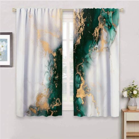 Jade Texture Marble Blackout Curtains for Girls Boy Home Decor Ink Abstract Emerald Green Jade Gold Decor Luxury Rod Pocket Decorative Drapes for Bedroom Living Room W42 x L63 Inch in Saudi Arabia