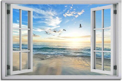 Beach Wall Decor Window View Posters Ocean Seagull Wall Art Nature Landscape Picture Posters Print on Canvas Painting Wall Art for Bedroom Bathroom Living Room Office UnFrame 16x24inch(40x60cm) in Saudi Arabia