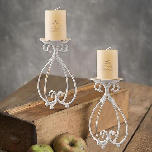 SOFE Farmhouse Cast Iron Candle Holder, Distressed White Pillar Candle Holders, Unique Rustic Candle Holder Decor, Vintage Candlestick Holders, Candle Pedestal Stand for Dining Table, Wedding Party in Saudi Arabia