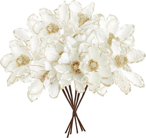 Sggvecsy 10Pcs Christmas Glitter Flowers Christmas Tree Ornaments Artificial Poinsettia Flower Velvet Magnolia Stems Floral Picks for Xmas Wedding DIY Crafts Wreath Party Floral Decorations (White) in Saudi Arabia