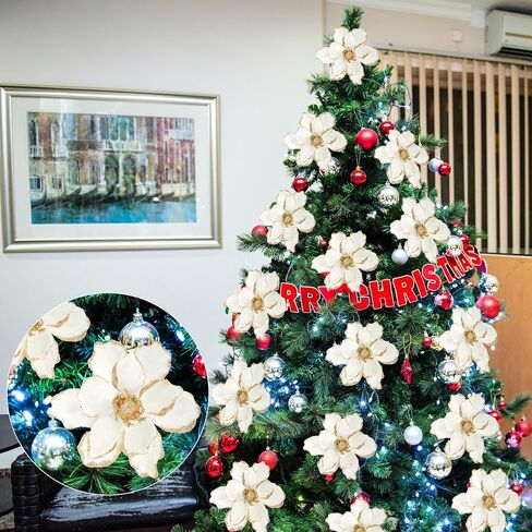 Sggvecsy 10Pcs Christmas Glitter Flowers Christmas Tree Ornaments Artificial Poinsettia Flower Velvet Magnolia Stems Floral Picks for Xmas Wedding DIY Crafts Wreath Party Floral Decorations (White) in Saudi Arabia