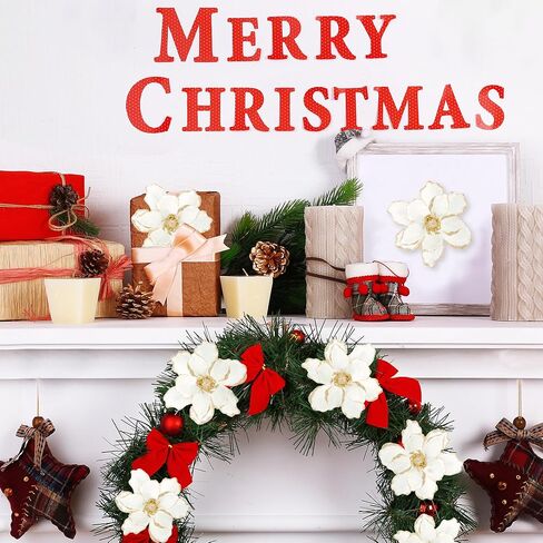Sggvecsy 10Pcs Christmas Glitter Flowers Christmas Tree Ornaments Artificial Poinsettia Flower Velvet Magnolia Stems Floral Picks for Xmas Wedding DIY Crafts Wreath Party Floral Decorations (White) in Saudi Arabia