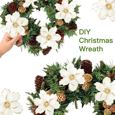 Sggvecsy 10Pcs Christmas Glitter Flowers Christmas Tree Ornaments Artificial Poinsettia Flower Velvet Magnolia Stems Floral Picks for Xmas Wedding DIY Crafts Wreath Party Floral Decorations (White) in Saudi Arabia