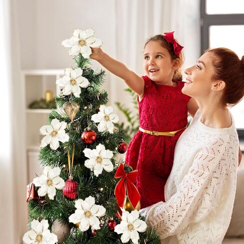 Sggvecsy 10Pcs Christmas Glitter Flowers Christmas Tree Ornaments Artificial Poinsettia Flower Velvet Magnolia Stems Floral Picks for Xmas Wedding DIY Crafts Wreath Party Floral Decorations (White) in Saudi Arabia