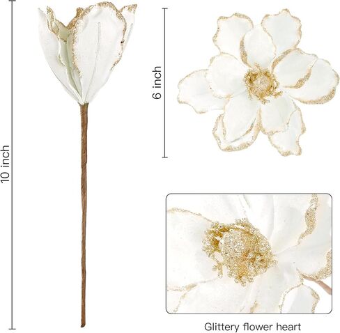 Sggvecsy 10Pcs Christmas Glitter Flowers Christmas Tree Ornaments Artificial Poinsettia Flower Velvet Magnolia Stems Floral Picks for Xmas Wedding DIY Crafts Wreath Party Floral Decorations (White) in Saudi Arabia