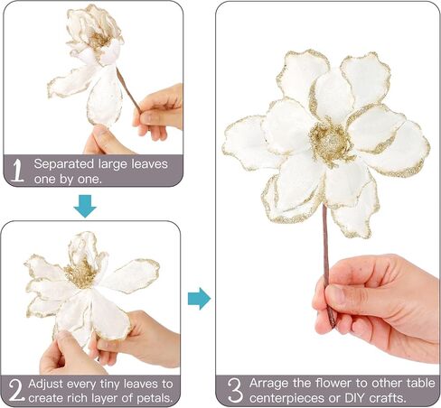 Sggvecsy 10Pcs Christmas Glitter Flowers Christmas Tree Ornaments Artificial Poinsettia Flower Velvet Magnolia Stems Floral Picks for Xmas Wedding DIY Crafts Wreath Party Floral Decorations (White) in Saudi Arabia