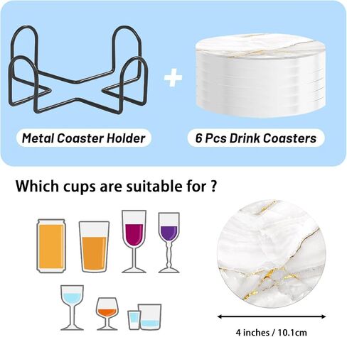6 Pcs Ceramic Coasters with Holder Absorbent Drink Coasters Round Ceramic Table Coasters Set Decorative Coffee Cup Beverage Coasters Wine Beer Bar Coasters Gold Marble in Saudi Arabia