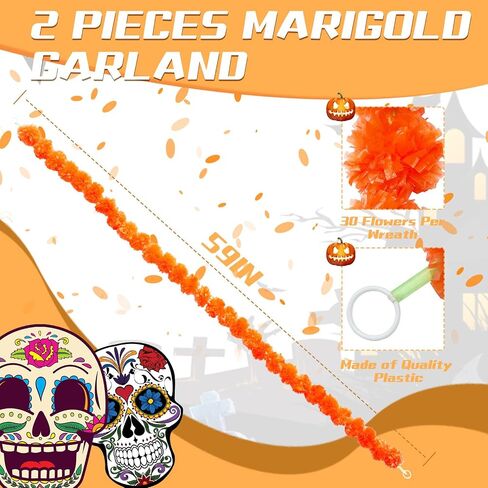 WILLBOND 2 Pack 5 ft Marigold Garland Marigold Flowers for Diwali Indian Dia De Los Muertos Decor Halloween Faux Garlands Wedding Garland for Wedding Party Mantle Decor Day of The Dead Decor (Orange) in Saudi Arabia