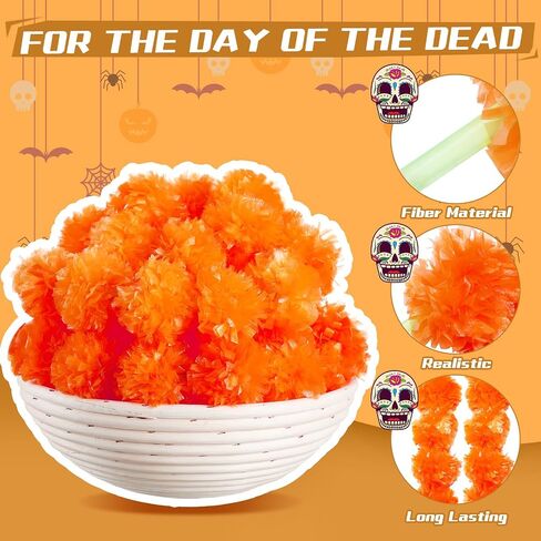 WILLBOND 2 Pack 5 ft Marigold Garland Marigold Flowers for Diwali Indian Dia De Los Muertos Decor Halloween Faux Garlands Wedding Garland for Wedding Party Mantle Decor Day of The Dead Decor (Orange) in Saudi Arabia
