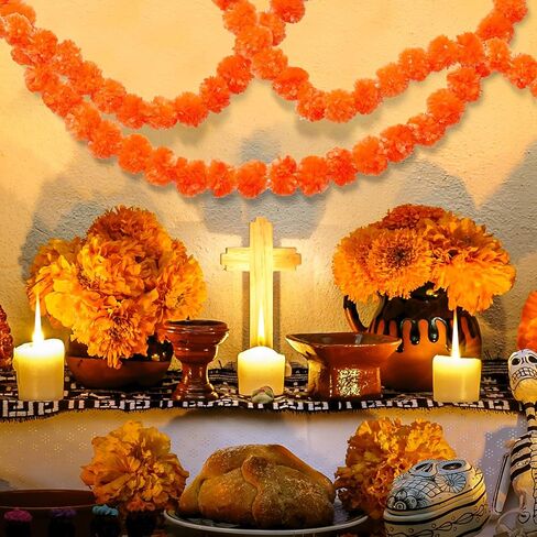 WILLBOND 2 Pack 5 ft Marigold Garland Marigold Flowers for Diwali Indian Dia De Los Muertos Decor Halloween Faux Garlands Wedding Garland for Wedding Party Mantle Decor Day of The Dead Decor (Orange) in Saudi Arabia