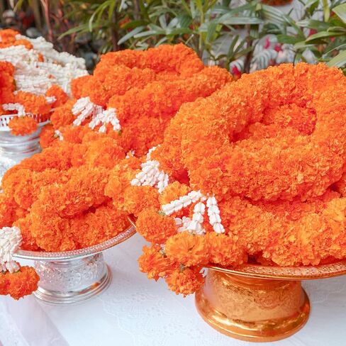 WILLBOND 2 Pack 5 ft Marigold Garland Marigold Flowers for Diwali Indian Dia De Los Muertos Decor Halloween Faux Garlands Wedding Garland for Wedding Party Mantle Decor Day of The Dead Decor (Orange) in Saudi Arabia