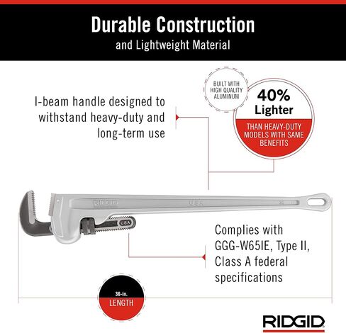 RIDGID 31110 موديل 836 مفتاح أنابيب سباكة ألومنيوم مستقيم 36 بوصة، فضي، صنع في الولايات المتحدة الأمريكية in Saudi Arabia