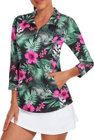 Viracy 3/4 Sleeve Womens Golf Shirts Quick Dry Quarter Zip Workout Tennis Polo Tops with Pocket in Kuwait
