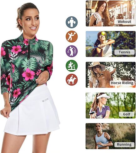 Viracy 3/4 Sleeve Womens Golf Shirts Quick Dry Quarter Zip Workout Tennis Polo Tops with Pocket in Kuwait
