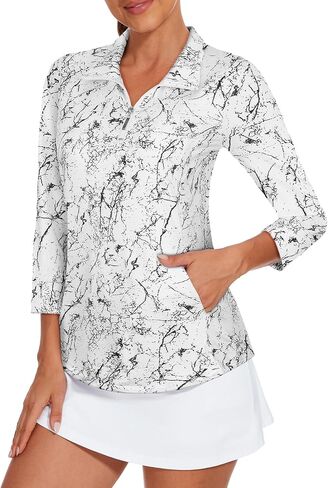 Viracy 3/4 Sleeve Womens Golf Shirts Quick Dry Quarter Zip Workout Tennis Polo Tops with Pocket in Kuwait