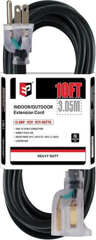 EP 10Ft 14/3 Lighted Outdoor Extension Cord - 14 Gauge 3 Prong SJTW Heavy Duty Black Extension Cable with 3 Prong Grounded Plug for Safety,Great for Garden and Major Appliances,UL Listed in Kuwait