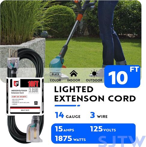 EP 10Ft 14/3 Lighted Outdoor Extension Cord - 14 Gauge 3 Prong SJTW Heavy Duty Black Extension Cable with 3 Prong Grounded Plug for Safety,Great for Garden and Major Appliances,UL Listed in Kuwait