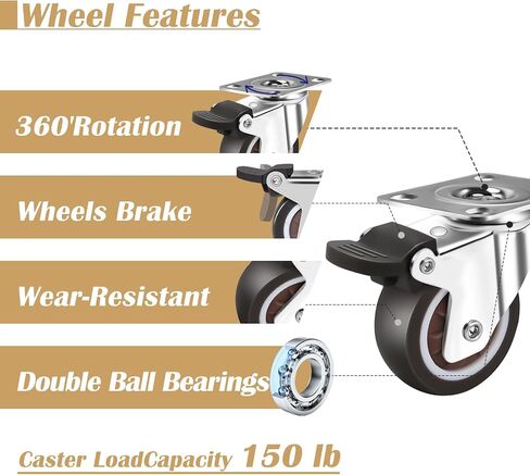 2 Inch Dual wheel TPR Rubber Caster Wheels for Furniture, Plate Swivel Caster Wheels Set of 4,No Noise No Floor Marks Silent, for Baby Bed,Cabinet (2 with Brake), Silver in Saudi Arabia