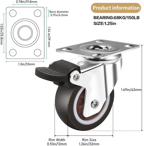 2 Inch Dual wheel TPR Rubber Caster Wheels for Furniture, Plate Swivel Caster Wheels Set of 4,No Noise No Floor Marks Silent, for Baby Bed,Cabinet (2 with Brake), Silver in Saudi Arabia