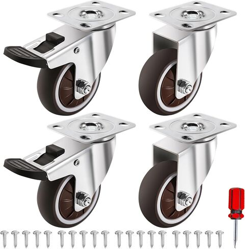 عجلات دوارة مقاس 2.54 سم، مجموعة عجلات صغيرة مكونة من 4 قطع، عجلات جانبية مع فرامل على شكل حرف L، لوحة مطاطية ناعمة وعجلات منخفضة المستوى مع عجلات دوارة 360 درجة صامتة لا تترك علامات، السعة الإجمالية 120 رطل in Kuwait