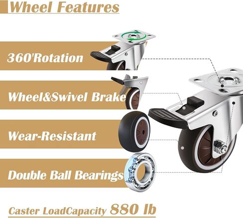 عجلات دوارة مقاس 2.54 سم، مجموعة عجلات صغيرة مكونة من 4 قطع، عجلات جانبية مع فرامل على شكل حرف L، لوحة مطاطية ناعمة وعجلات منخفضة المستوى مع عجلات دوارة 360 درجة صامتة لا تترك علامات، السعة الإجمالية 120 رطل in Kuwait