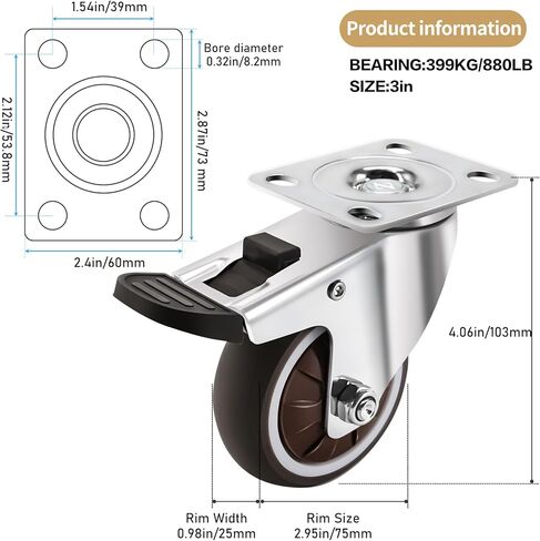 عجلات دوارة مقاس 2.54 سم، مجموعة عجلات صغيرة مكونة من 4 قطع، عجلات جانبية مع فرامل على شكل حرف L، لوحة مطاطية ناعمة وعجلات منخفضة المستوى مع عجلات دوارة 360 درجة صامتة لا تترك علامات، السعة الإجمالية 120 رطل in Kuwait
