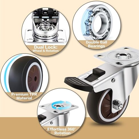 عجلات دوارة مقاس 2.54 سم، مجموعة عجلات صغيرة مكونة من 4 قطع، عجلات جانبية مع فرامل على شكل حرف L، لوحة مطاطية ناعمة وعجلات منخفضة المستوى مع عجلات دوارة 360 درجة صامتة لا تترك علامات، السعة الإجمالية 120 رطل in Kuwait