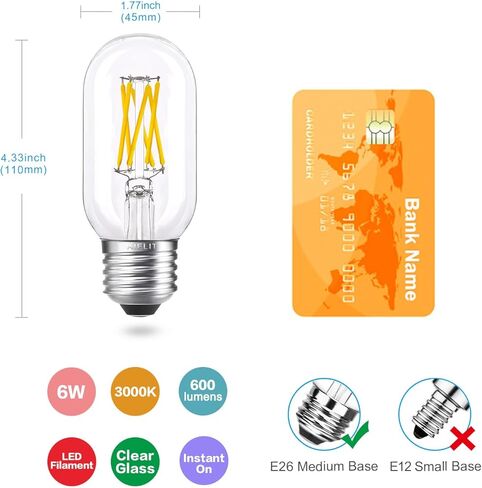لمبة إضاءة LED T45/T14 قابلة للتعتيم E26، 6 وات (ما يعادل 60 وات)، أبيض ناعم 3000 ك، لمبات خيوط أنبوب إديسون LED عتيقة لأضواء قلادة مروحة السقف للثريا والحمام، 8 عبوات in Kuwait