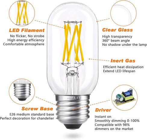 لمبة إضاءة LED T45/T14 قابلة للتعتيم E26، 6 وات (ما يعادل 60 وات)، أبيض ناعم 3000 ك، لمبات خيوط أنبوب إديسون LED عتيقة لأضواء قلادة مروحة السقف للثريا والحمام، 8 عبوات in Kuwait