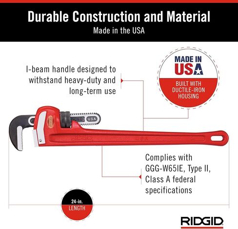 RIDGID 31030 Heavy-Duty Straight Pipe Wrench, 24" Sturdy Plumbing Wrench with Self Cleaning Threads and Hook Jaws, Red, Small in Saudi Arabia
