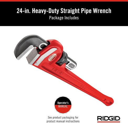 RIDGID 31030 Heavy-Duty Straight Pipe Wrench, 24" Sturdy Plumbing Wrench with Self Cleaning Threads and Hook Jaws, Red, Small in Saudi Arabia