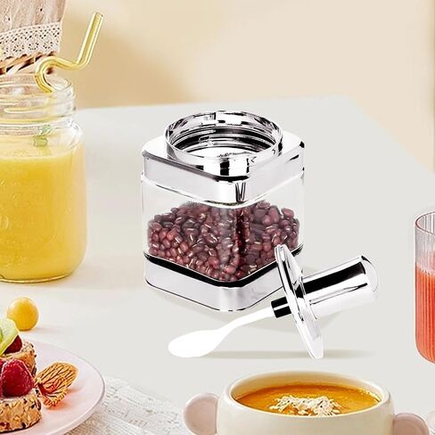 YYW Condiment Jars Set of 2 Glass Spice Container Box 11oz/320 ml Seasoning Box Clear Condiment Pots with Lid and Spoon for Salt Spices Pepper Sugar Cruet (Silver), Rose Gold in Saudi Arabia