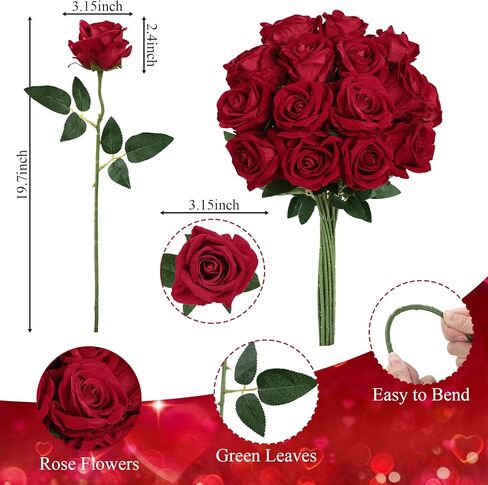 15 قطعة من الورود الاصطناعية من U'Artlines، ورود حريرية ذات سيقان طويلة، باقة ورد مخملية صناعية ذات ملمس حقيقي، زهور وهمية لعيد الحب وعيد الأم وديكور المنزل والزفاف، أحمر in Kuwait